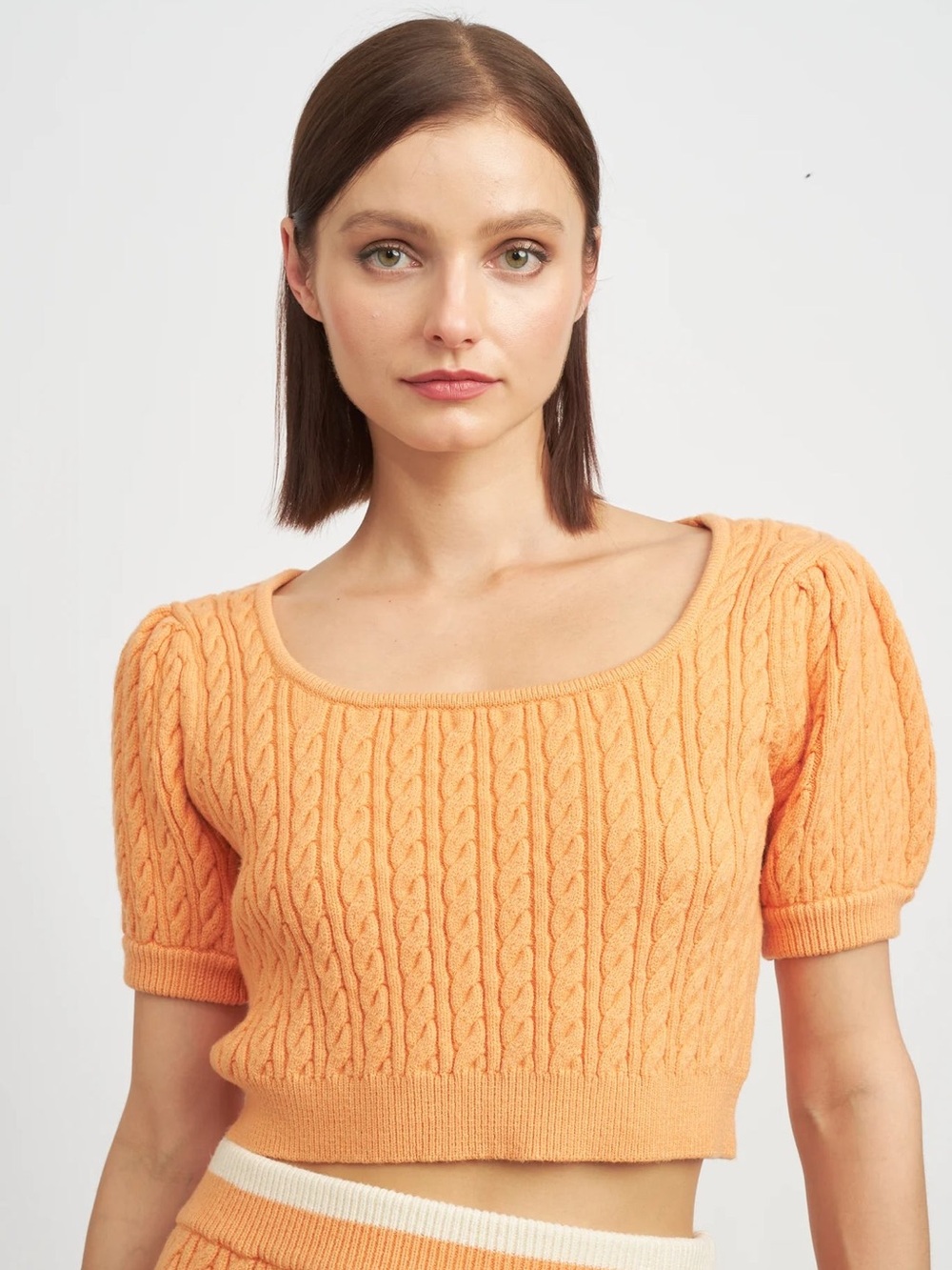 En Saison Orange Cable-Knit Short-Sleeve Jodi Top